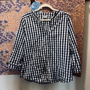 Anne Klein Navy Checkered Button Front Blouse Tie Sleeves Sz M